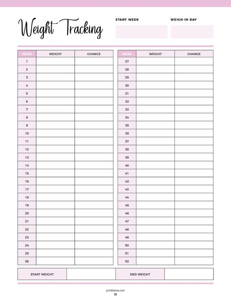 A printable weight loss tracker with weekly sections for tracking weight changes over 52 weeks, designed for monitoring weight loss progress. Macro Tracker Printable, Daily Weight Tracker Printable, Fitness Tracker Printable Free, Weight Tracker Template, Macro Tracker, Weight Log, Fitness Tracker Printable, Stay Focused On Your Goals, Keep Motivated