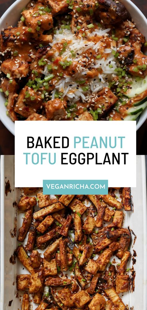 Baked eggplant and tofu in a super quick and flavorful peanut sauce is a one-pan meal that is super versatile! You can easily make this recipe gluten-free, soy-free, and even nut-free! Serve with rice, quinoa, or as lettuce wraps. Eggplant Tofu Recipe, Baked Eggplant, Meatless Dinner, Vegetarian Entrees, Bean Curd, One Pan Meals, Tofu Recipes, Seitan, Peanut Sauce