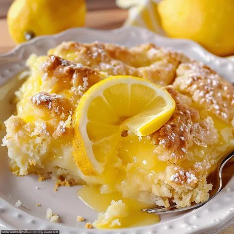 Magic Lemon Cobbler Easy Magic Lemon Cobbler, Magic Lemon Cobbler Recipe, Lemon Cobbler Recipes, Magic Lemon Cobbler, Lemon Cobbler, Gelatin Desserts, Fast Easy Desserts, Cobbler Recipes Easy, Dreamy Desserts