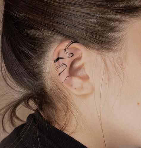 Ear Tattoos For Men Guys, Fire Ear Tattoo, Ear Tattoos Inner, Abstract Ear Tattoo, Ear Tattoo Lines, Line Ear Tattoo, Ear Line Tattoo, Snake Ear Tattoo, Tattoo Oreille