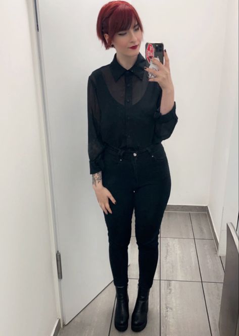 Goth Professional Fashion, Sophisticated Emo Outfits, Edgy Therapist Outfits, Corprate Goth Outfit, All Black Interview Outfit, Goth Interview Outfit, Emo Corporate Outfits, Corpgoth Outfits, Punk Professional Outfits