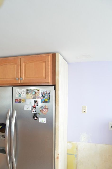 Fridge Cabinet Surround, Diy Fridge Surround, Fridge Side Panel, Refrigerator Cabinet Surround, Fridge Surround, Side Of Fridge, Laundry In Kitchen, Hidden Fridge, Kitchen Soffit