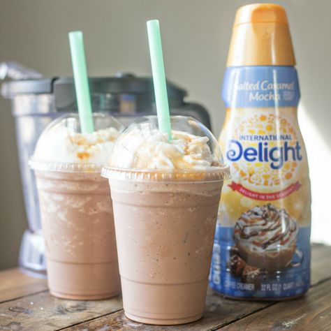 Salted Caramel Mocha Frappuccino, Homemade Salted Caramel, Salted Caramel Mocha, Frappe Recipe, Mocha Frappuccino, Drinks At Home, Frappuccino Recipe, Iced Coffee Drinks, Caramel Mocha