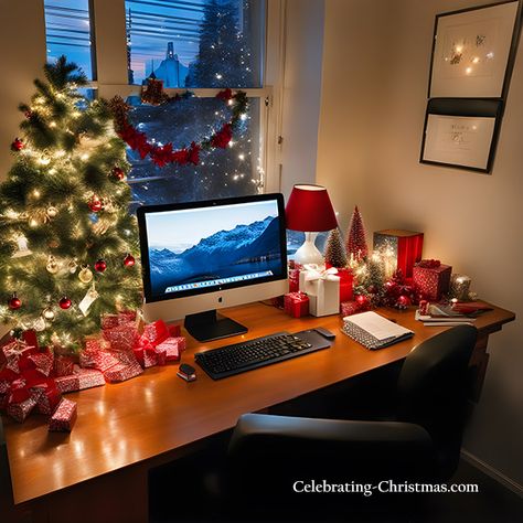 Decorate Your Work Desk for Christmas – Christmas Decorating Ideas – Celebrating Christmas Christmas Office Table Decorations, Workstation Christmas Decorations, Seasonal Office Decorating Ideas, Desk Decor For Christmas, Workspace Christmas Decorations, Christmas Decor Office At Work, Decorate Work Desk For Christmas, Xmas Desk Decorations, Winter Desk Decor