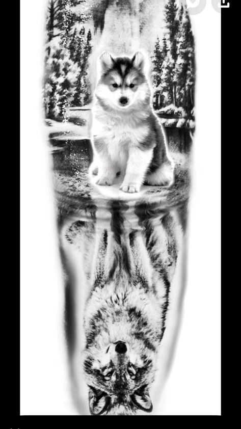 Animal Reflection Tattoo, Momma Animal Tattoo, Wolf Reflection Tattoo Design, Wolf Cub Tattoo Design, Wolf Reflection Tattoo, Wolf Cub Tattoo, Wolf And Pup Tattoo, Baby Wolf Tattoo, Angry Wolf Tattoo Design