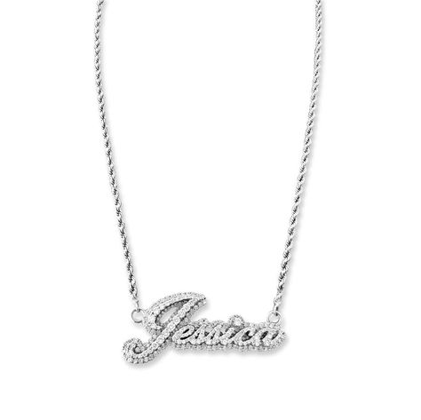 This Diamond nameplate necklace is a stunning piece of jewelry that is sure to turn heads. Made from the finest 14k gold, this necklace features a personalized nameplate adorned with dazzling diamonds that sparkle and shine in the light. The nameplate is carefully crafted to showcase the name of your choice, making it a truly unique and special piece. The delicate chain adds a touch of elegance to this already beautiful piece, making it perfect for any occasion. Whether you're looking for a spec Diamond Name Plate Necklace, 2000s Name Necklace, Diamond Name Necklace, Jewelry Text, Birthday Outfit For Teens, Name Chain, 17 Birthday, Nameplate Necklace Silver, Dope Jewelry Accessories