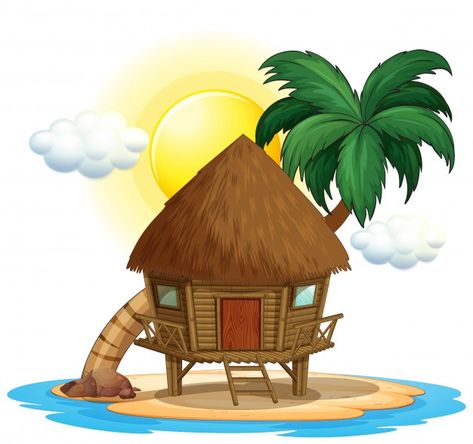 Wooden hut on island | Free Vector #Freepik #freevector #water #wood #house #cartoon Hut Images, Nipa Hut, Tropical Beach Houses, Wooden Hut, Dry Tree, House Cartoon, House On Stilts, Wooden Cottage, House Illustration