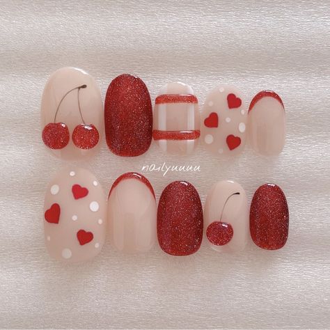 Nail Art Cherry, Cherry Red Nails, Minimal Nails Art, Nail Art Photos, Korean Nail Art, Short Gel Nails, Cherry Nails, Korean Nails, Simple Gel Nails