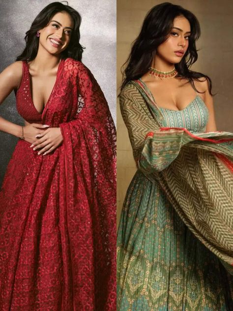 Lehenga Looks, Nysa Devgan, Lehenga Simple, Anita Dongre Lehenga, Kalamkari Blouse Designs, Manish Malhotra Lehenga, Indian Fits, Green Lehenga Choli, Chikankari Lehenga