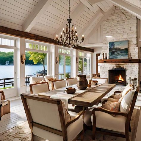 Dining Room With Big Windows, Big Dining Room Ideas, Open Layout Living Room Dining Room, Dining Room Sitting Room Combo, Dining Room With Windows, Big Dining Room, Angled Ceiling, Lots Of Windows, Big Windows