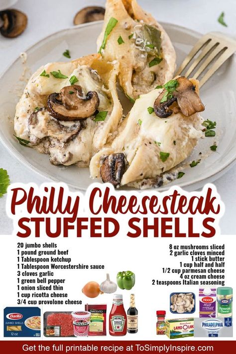 Cheese Steak Stuffed Shells, Steak Stuffed Shells, Stuffed Shells Easy, Cheesesteak Stuffed Shells, To Simply Inspire, Cheese Steak, Philly Cheese, Philly Cheesesteak, Provolone Cheese