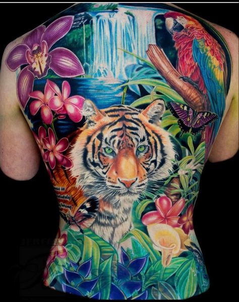 Women’s full tropical backpiece #tatto Tattoos Tiger, Waterfall Tattoo, Tattoos Flowers, Backpiece Tattoo, Animals Tattoo, Panda Tattoo, Back Piece Tattoo, Full Back Tattoos, Sweet Tattoos