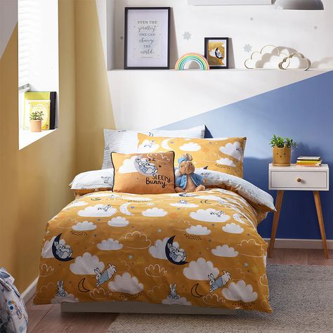 Sleepy Head Yellow Peter Rabbit™ Duvet Cover Set | Ochre | Peter Rabbit™ – furn.com Accent Chair Bedroom, The Moon And Stars, Corner Sofa Chaise, Sleepy Head, Bedside Table Storage, Pinstriping Designs, Bed Cushions, Side Table Lamps, Under The Moon