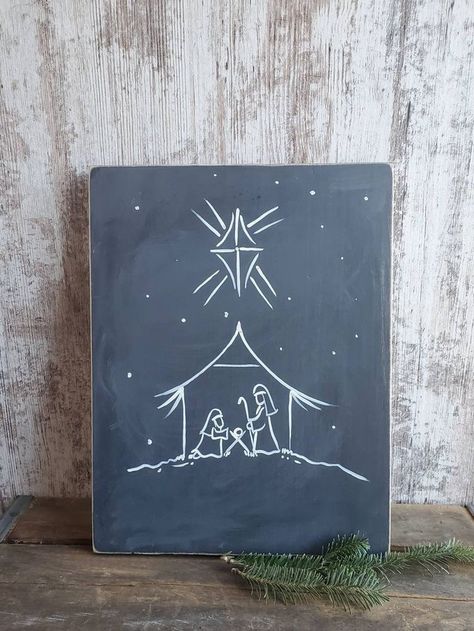 Minimalist Nativity, Nativity Wood, Simple Nativity, White Horse Painting, Christmas Window Painting, Nativity Christmas, Christmas Chalkboard, Christmas Doodles, Christmas Card Art