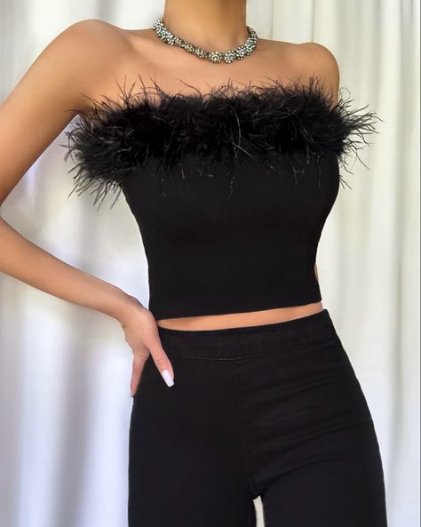 Black feathered metalux crop top Feather Crop Top, Feather Collar, All The Right Places, Stunning Tops, Outfit Sets, High Fashion, Night Out, Comfort Fit, Tights