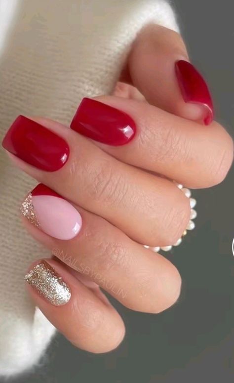 Valentine's Day Nails Short Square, Red French Tip Sparkle, Red Nails Short Square Design, Square Red Nails Design, Cute Red Nail Ideas Short, Red And Silver Nails Short, Valentines Dip Powder Nail Ideas, February Nail Designs Valentines Day, Valentine’s Day Dip Nails