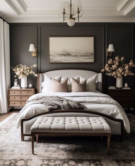 Masterbedroom Luxe Design, Cozy Transitional Bedroom, Moody Luxury Bedroom, Transitional Master Bed, Cozy Master Bedrooms Decor Modern, Transitional Master Bedrooms Decor, Master Bed Decor, Modern Master Bedrooms Decor, Large Master Bedrooms Decor