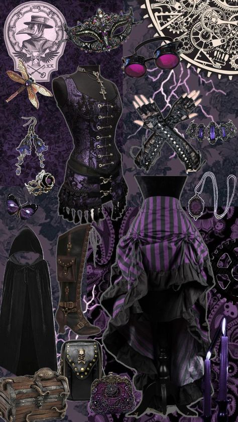 purple steampunk outfit 💜⚙️🖤 - - - #purple #steampunk #aestethic #victorian #gothic #goth #earrings #outfit #outfitinspo #inspo #accessories #bag #purse #skirt #corset #rings #necklace #goggles #alternative #collages Steampunk Goth Aesthetic, Black And Purple Goth Aesthetic, Purple Goth Outfits, Purple Steampunk Aesthetic, Purple Romantic Goth, Purple Gothic Dresses With Ruffles, Fitted Gothic Purple Corset, Purple Goth, Purple Gothic