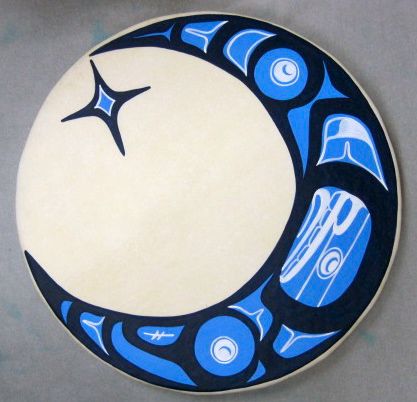 A Blue Hobiyee 18” Drum   Acrylic on Elk Skin   Collection of Keane Tait    Vancouver, BC   January 2012 Native Drum Designs, Northwest Native American Art, Tatouage Haida, Canadian Aboriginal Art, Native American Art Projects, Coast Salish, Native Artwork, Native Tattoos, Drums Art