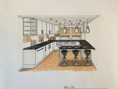 Kitchen Interior Perspective Drawing, Interior Design One Point Perspective, Kitchen In Perspective, Kitchen Architecture Design Drawing, Interior Design Sketches Kitchen, Kitchen 1 Point Perspective, Interior Design Sketches Perspective Kitchen, Kitchen Interior Perspective, One Point Perspective Interior Design