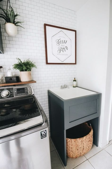 Installing a New Faucet for our Utility Sink - Within the Grove Faux Cabinet, Laundry Room Utility Sink, Basement Laundry Room, Dream Laundry Room, Laundry Room Sink, Basement Laundry, Mudroom Laundry Room, Laundry Room Renovation, Laundry Tubs