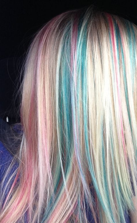 Blonde With Different Color Highlights, Pink And Blue Hair Streaks, Colored Highlights For Blondes, Blonde With Color Highlights, Blonde Hair With Colored Highlights, Hair Inspiration Long, Multi Colored Hair, Hair Streaks, Dyed Hair Inspiration