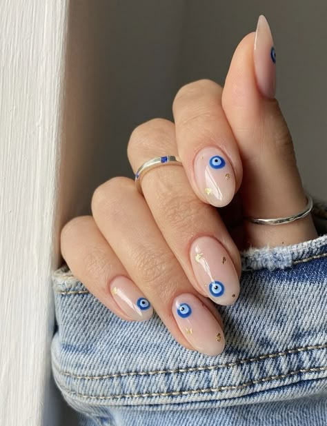 Nails Evil Eye, Nails Plain, Nails Design Short, Nails Acrylic Almond, Nails Basic, Nails Charms, Evil Eye Nails, Nails Short Acrylic, Nails Acrylic Square