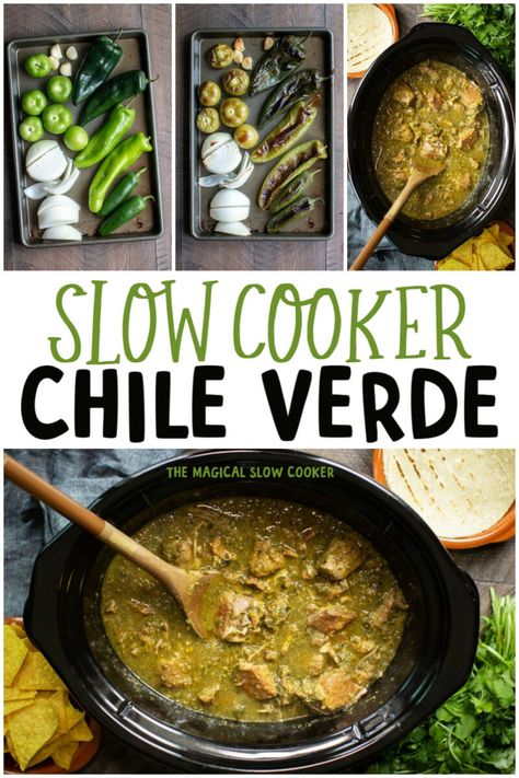 Slow Cooker Green Chile Pork, Tomatillo Pork Slow Cooker, Hatch Green Chili Pork Crock Pot, Chile Verde Recipe Crockpot, Pork Tomatillo Stew, Pork Loin Chili Verde Crock Pot, Green Chili Crockpot Recipes, Chile Verde Chicken Crockpot, Crock Pot Chile Verde Pork