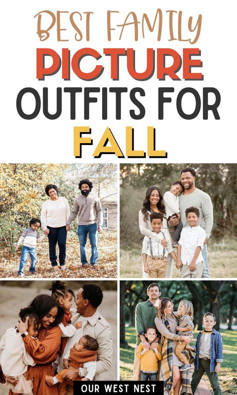 Collage of fall family photo outfit ideas. Holiday Family Photo Outfits, Themes For Christmas, Fall Picture Outfits, Fall Family Photoshoot, Family Outfit Ideas, Holiday Family Photos, Family Photos With Baby, Fall Family Portraits, Fall Family Photo Outfits