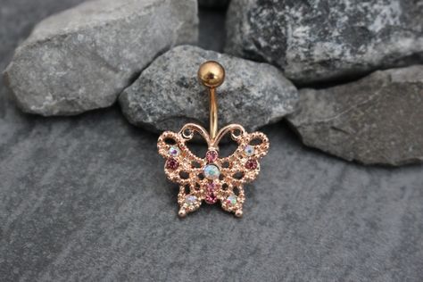 Rose Gold Belly Button Rings | Butterfly Navel Bar | Dragonfly Belly Bar | Non Dangle Piercing | w/ Aurora Borealis Clear Pink Crystals Rings Butterfly, Bellybutton Ring, Bellybutton Rings, Gold Belly Button Rings, Cute Belly Rings, Belly Piercings, Rose Gold Butterfly, Belly Bar, Belly Button Jewelry