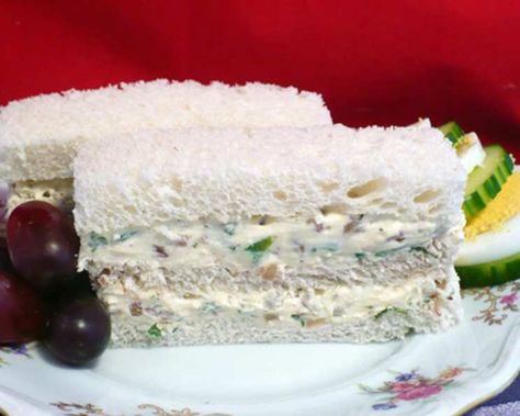 Walnut-Cream Cheese Finger Sandwiches Recipe - Food.com Cheese Tea Sandwiches, Hard Tack, Cheese Tea, Tea Party Sandwiches, Tea Sandwiches Recipes, Roast Beef Sandwich, English Tea Party, Afternoon Tea Recipes, Tea Time Food