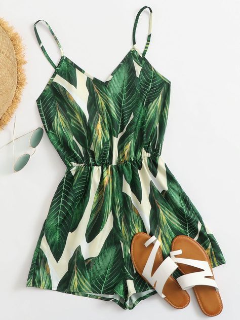 Sleeveless Romper Jumpsuits, Cami Romper, Cami Jumpsuit, Solid Jumpsuit, Green Leaf Print, Backless Jumpsuit, Romper Jumpsuit, Sleeveless Rompers, Printed Rompers