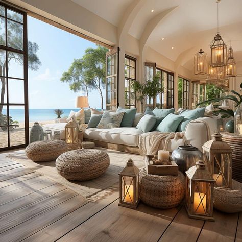 𝓢𝓪𝓫𝓲𝓷𝓪 𝓒𝓪𝓽𝓸𝓾𝓻 - I love this place 🏝️🏡🌷 Mediterranean Beach House Living Room, Arizona Interiors, Beach House Living Room, Home Decor Boxes, Mediterranean Style Homes, Chic Interior Design, Casas Coloniales, Home Decor Hooks, Home Decor Crate