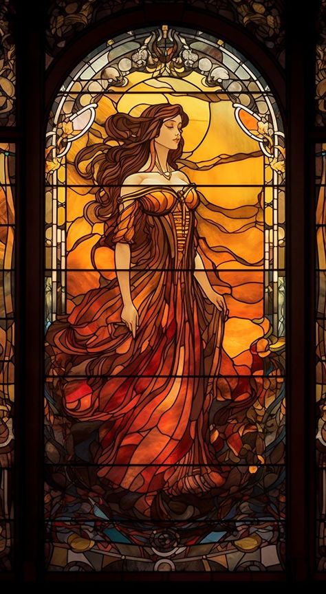 Stained Glass Character Design, Stained Glass Woman, Stained Glass Drawing, Stained Glass Wallpaper, Stain Glass Window Art, Art Nouveau Illustration, Glass Window Art, زجاج ملون, Art Stained