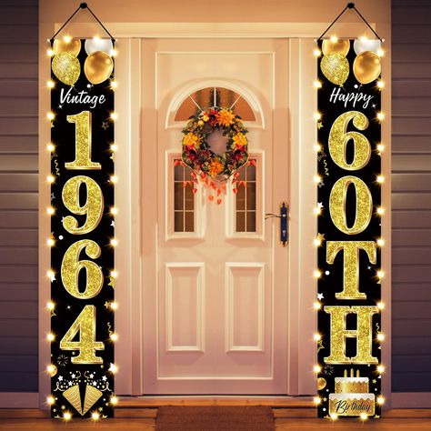 PRICES MAY VARY. Polyester [Product included]: The Black Gold Happy 60th Birthday Party door banner decorations are your perfect choice. The size 70.9 * 11.8 inches, including 1pcs "1964" door banner and 1pcs "60th" door banner.The LED lights can last for 6-8 hours, creating a sense of atmosphere. [60th birthday decorations]: Clearly blends black and gold designs, adding elements such as birthday cake and balloons to create a unique 60th birthday for you. [Easy to use]: One end of the birthday b Easy 50th Birthday Decorations, Black And Gold Party Decorations For Men Birthday, 50th Birthday Ideas Decorations, 50th Birthday Party Decorations Women, Black Gold Birthday Decorations, 50th Party Decorations, Party Entrance Decoration, 40th Birthday Party Men, 40th Birthday Centerpieces