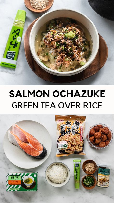 Bowl filled with Japanese salmon Ochazuke Tea Over Rice, Green Tea Rice, Tea Rice, Food Salmon, Miso Salmon, Flaked Salmon, Nourishing Recipes, Japanese Food Traditional, Salmon Soy Sauce