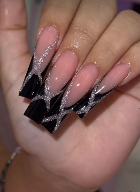 Sparkly Black Nails, Black Sparkle Nails, Black Prom Nails, Black Silver Nails, Sliver Nails, Sweet 16 Nails, Silver Acrylic Nails, Prom Nails Silver, Silver Nail Designs