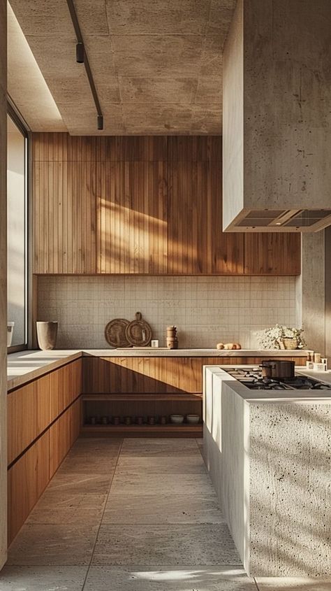 Kitchen Wood Wall Ideas, Kitchen Ideas Concrete Floor, Concrete Wood Interior Design, No Kitchen Kitchen, Concrete Wall Kitchen, 80’s Kitchen, Concrete House Interior Design, Concrete Wood Kitchen, Mediterranean Homes Interior Kitchen