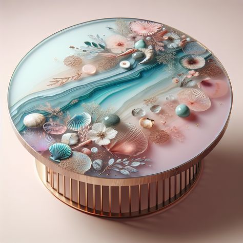 Embrace tranquility with this exquisite resin art table, featuring a sophisticated blend of calming pastels and elegant patterns. Dried flowers, seashells, and lace float within the clear resin, adding grace and charm. Fine gold leaf accents give an opulent touch to this modern, sleek table. #ResinArt #PastelHomeDecor #ElegantFurniture #ModernArtTable #ChicInteriorStyle #ResinDecor. Diy Resin Coffee Table, Resin Art Table, Seashell Design, Pastel Home Decor, Whimsical Furniture, Lavender Pink, Diy Resin Art, Elegant Furniture, Chic Interior