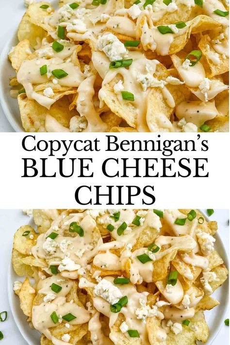 These Copycat Bennigan's Blue Cheese Chips are a delicious, cheesy snack or appetizer recipe inspired by the restaurant. Kettle chips are topped with a creamy cheese sauce, blue cheese, and green onions. Blue Cheese Appetizers, Simple Cheese Sauce, Copycat Recipes Desserts, Kettle Cooked Chips, Easy Delicious Appetizers, Italian Recipes Appetizers, Blue Cheese Recipes, Restaurant Appetizers, Creamy Cheese Sauce