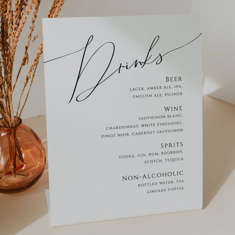 This whimsical minimalist script | wedding drinks menu pedestal sign is perfect for your classic simple black and white minimal modern boho wedding. The design features elegant, delicate, and romantic handwritten calligraphy lettering with formal shabby chic typography. The look will go well with any wedding season: spring, summer, fall, or winter! The product is editable and has plenty of blank space, so you can add your own graphics or pictures if you want to customize it! Please feel free to Classic Engagement Party, Wedding Bar Signage, Whimsical Minimalist, Minimalist Reception, Menu Signage, Wedding Bar Menu Sign, Wedding Drink Menu, Open Bar Sign, Alcohol Signs