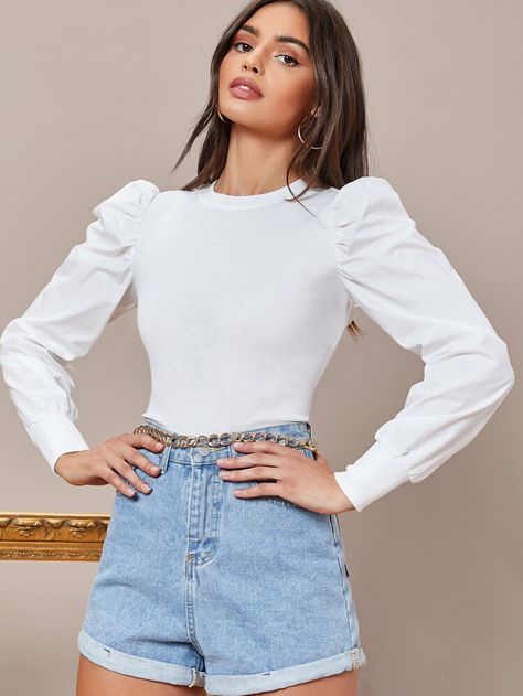 Black Friday 2020 | Solid Leg-of-mutton Sleeve Top | SHEIN USA Edgy Summer, Leg Of Mutton Sleeve, Sewing Blouses, Rib Knit Top, Outfit Collage, White Long Sleeve Top, Crop Top Outfits, Womens Long Sleeve Shirts, Moda Vintage