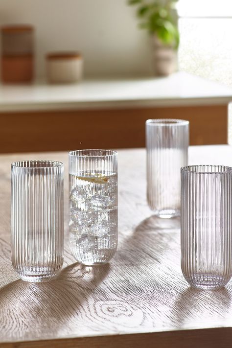 Elevate your glassware collection with this set of 4 Hollis optic tall tumblers. Crafted with sleek and precise optic, these tumblers seamlessly blend contemporary design with functional elegance. Perfect for serving up everyday refreshments. Dishwasher safe. 100% Glass. Kitchen Decor Collections, Tumbler Glasses, Future Apartment Decor, Antique Dishes, Kitchen Accessories Decor, House Design Kitchen, Cute Kitchen, Dream House Interior, Dream House Decor