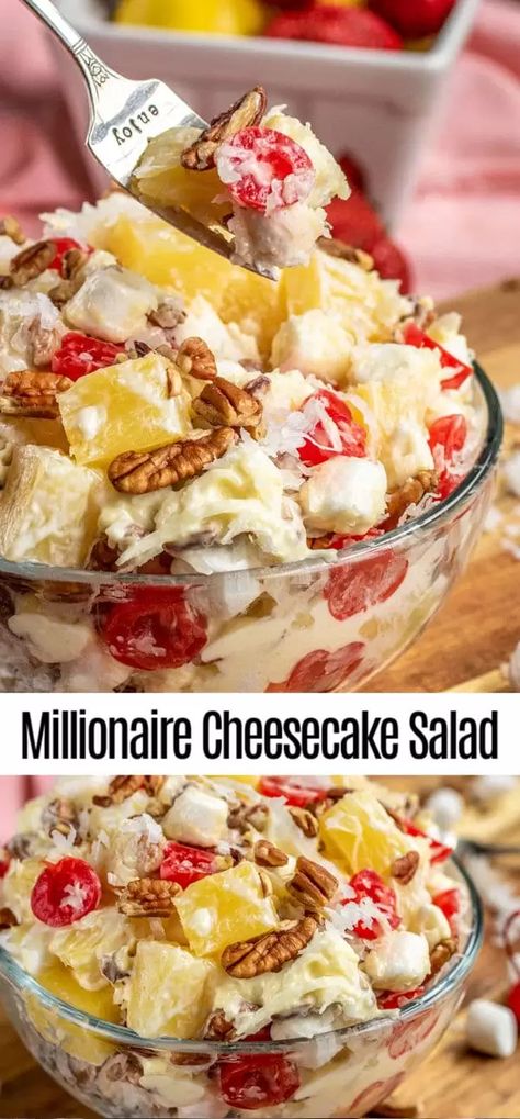 Millionaire Cheesecake Salad is a delicious fruit salad recipe that everyone will love! It's loaded with fruit and a creamy cheesecake filling to create the most glorious fruit salad ever (or fruit dessert). It makes a great make ahead Easter dessert and it's no bake so you have once less thing in the oven before a big holiday dinner! It also makes a great side or dessert for summer potlucks! Millionaire Cheesecake, Millionaires Cheesecake, Cheesecake Fruit Salad, Cheesecake Salad, Salad Mixes, Fruit Desserts Easy, Fruit Salad Recipe, Fruit Salad Easy, Fruit Dessert Recipes