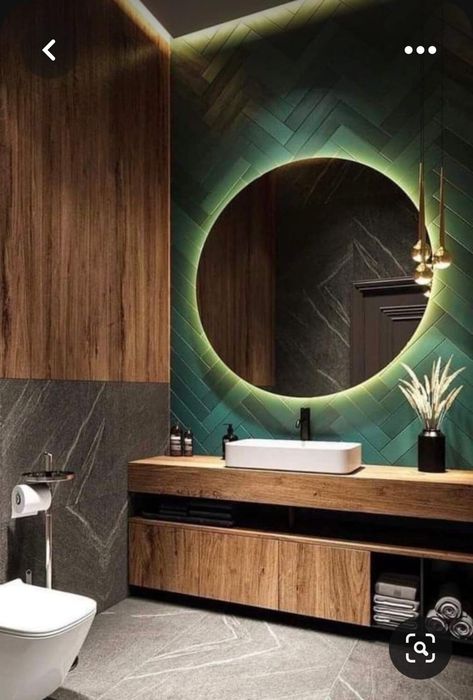 Green Wood Bathroom, Green Toilet Room, Green Tiles In Bathroom, Grey And Green Bathroom Ideas, Green Washroom, Bathroom With Green Accents, Green And Wood Bathroom, Green Modern Bathroom, Bathroom Green Tiles