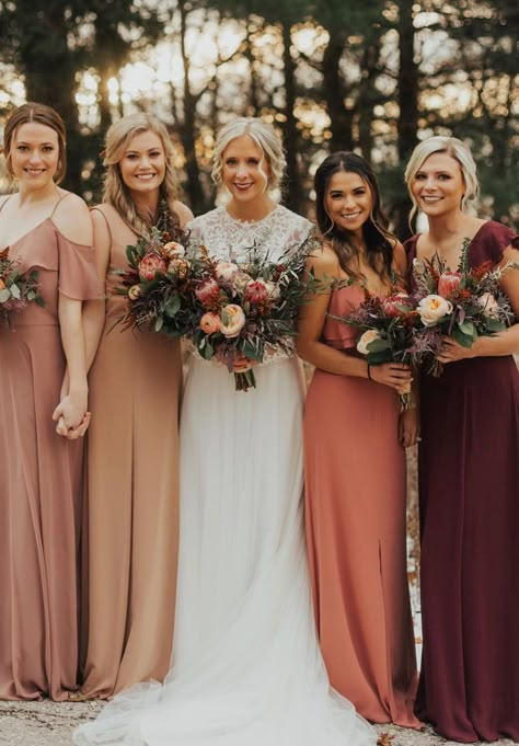 Fall Wedding Bridesmaids, Fall Bridesmaids, Dusty Rose Bridesmaid Dresses, Rose Bridesmaid Dresses, Fall Bridesmaid Dresses, Mismatched Bridesmaids, Mismatched Bridesmaid Dresses, Wedding Dress Pictures, Bridesmaid Dress Colors