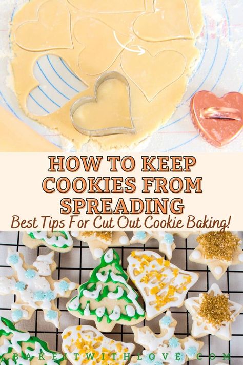 Learn how to prevent cookies from spreading so that you can impress your friends and family with some perfectly baked homemade cookies! These are all of my favorite baking hacks to keep your cookies from turning into a flat puddle of dough. As an added bonus, I’ll also show you how to fix cookies that have already spread too much! BakeItWithLove.com #bakeitwithlove #cookies #spreading #howto #guide #baking #hacks #tipstricks How To Start Cookie Decorating, How To Keep Cookies From Spreading, Pillsbury Christmas Cookies, Cookie Base Recipe, Pillsbury Sugar Cookie Dough, Pillsbury Cookie Dough, Cookie Tips, Pillsbury Cookies, Pillsbury Sugar Cookies