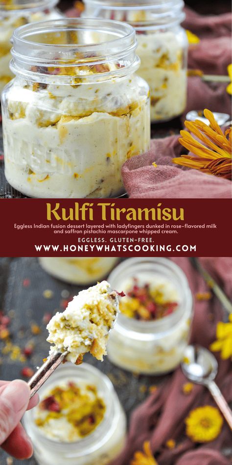 Indian fusion dessert layered with ladyfingers dunked in rose-flavored milk and saffron pistachio mascarpone whipped cream. Dessert After Dinner, Diwali Food Recipes, Kulfi Tiramisu, Savory Cake Recipes, Chai Dessert Recipes, Unique Tiramisu, Easy Eggless Desserts, Eggless Dessert Recipes, Pistachio Mascarpone