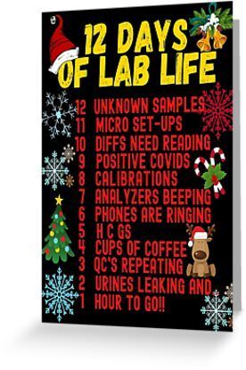 4" x 6" cards for every occasion. Digitally printed on heavyweight stock. Uncoated blank interior provides a superior writing surface. Comes with a kraft envelope. Additional sizes are available. This UNIQUE 12 DAYS OF LAB LIFE CHRISTMAS LABORATORY/LAB DESIGN is perfect for Laboratory Professionals Medical Techs Technicians Scientist Science Teacher Science Geek or Biology lover. CUTE GIFT IDEA!! Lab Door Decorations, Christmas Laboratory, Biology Lover, Laboratory Scientist, Teacher Science, Medical Laboratory Scientist, Lab Week, Lab Design, Laboratory Technician