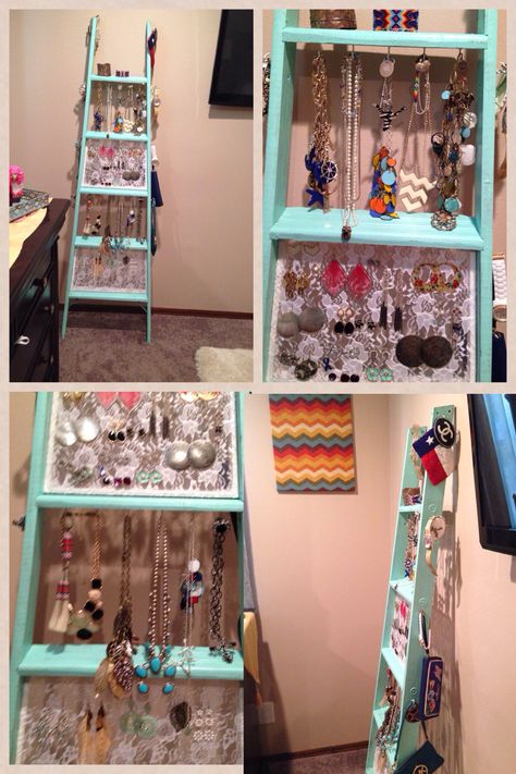 DIY old wood ladder jewelry display. I removed the the back part and added a pop of color with Valspar "a mermaids dream" built inserts and hot glued lace to the frames, sprayed krylon clear to make the lace sturdy enough to hold earrings and secured each one with a finish nailer and added hooks for necklaces. Ladder Jewelry Display, Old Wood Ladder, Hold Earrings, Earrings Holder, Ladder Storage, Diy Hooks, Jewelery Organizer, Diy Ladder, Organizer Diy